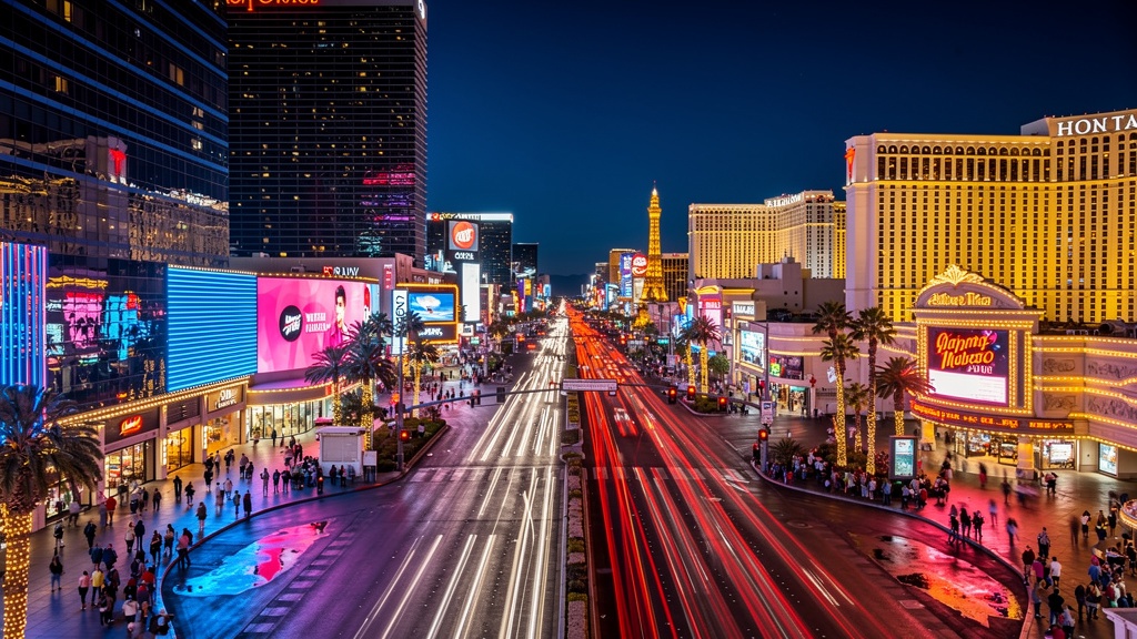 Las Vegas Strip illuminated at night with neon lights and hotel towers