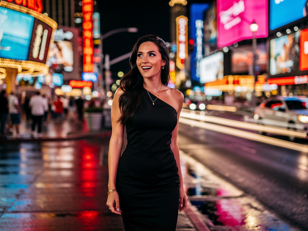 Elegant young woman in a cocktail dress on the Las Vegas Strip at night with neon lights behind her