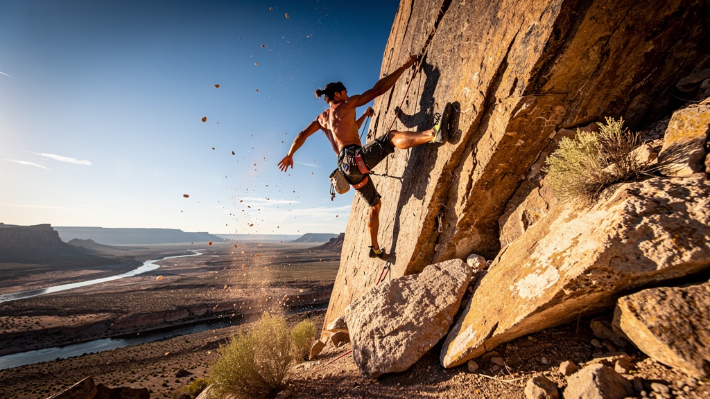 Rock climber on granite cliff face in Nevada desert landscape