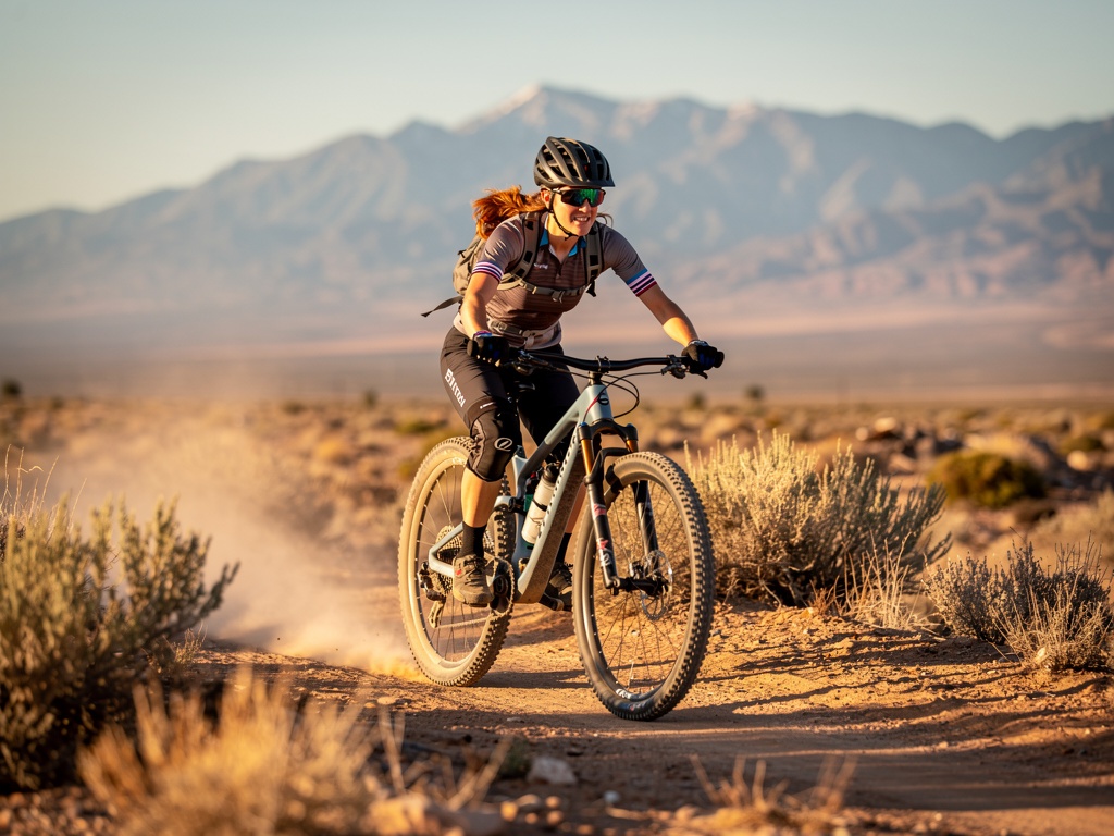 Young woman mountain biking on a desert trail in Nevada with sagebrush and distant mountains
