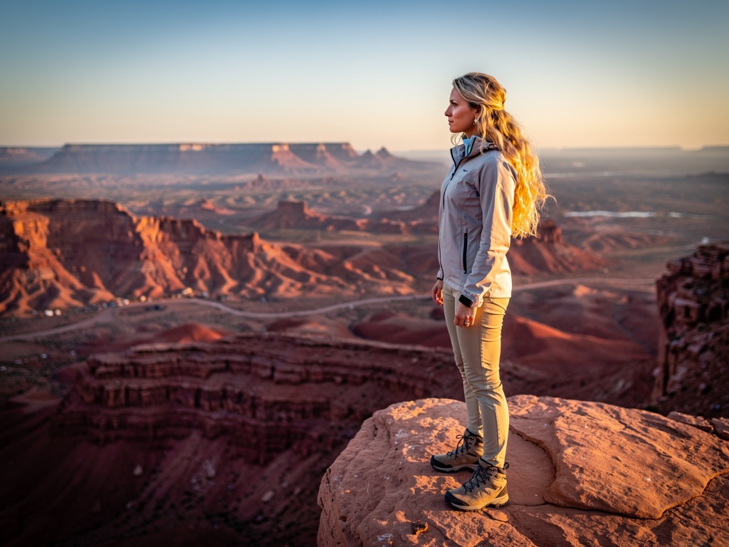 Young woman traveler standing on a red rock overlook in the Nevada desert at golden hour