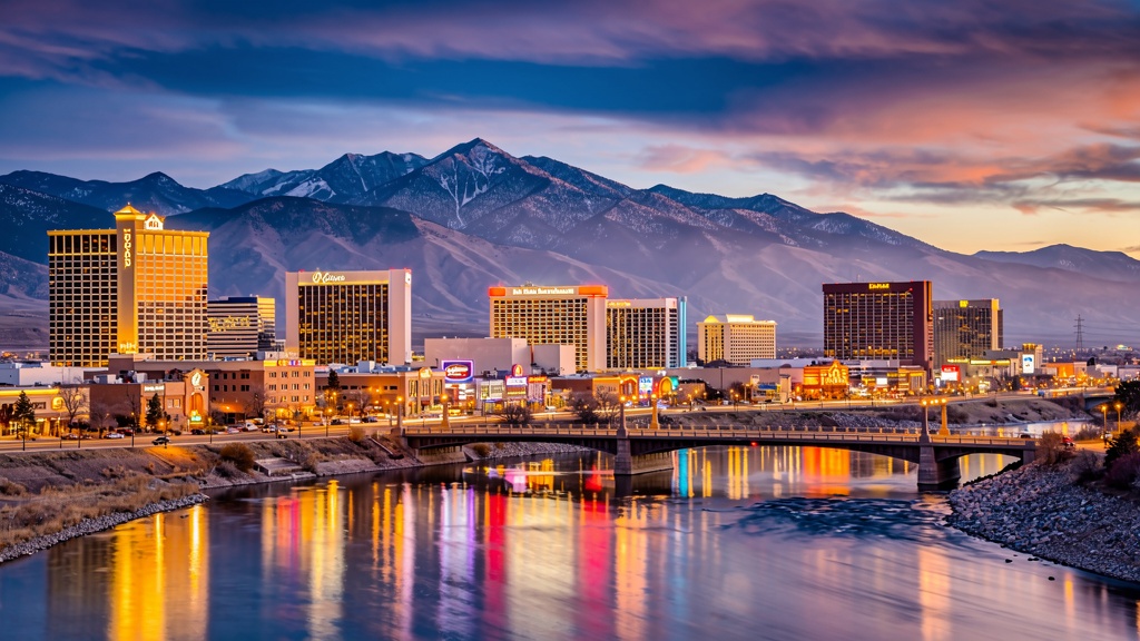 Reno Nevada skyline at dusk with the Truckee River and Sierra Nevada mountains