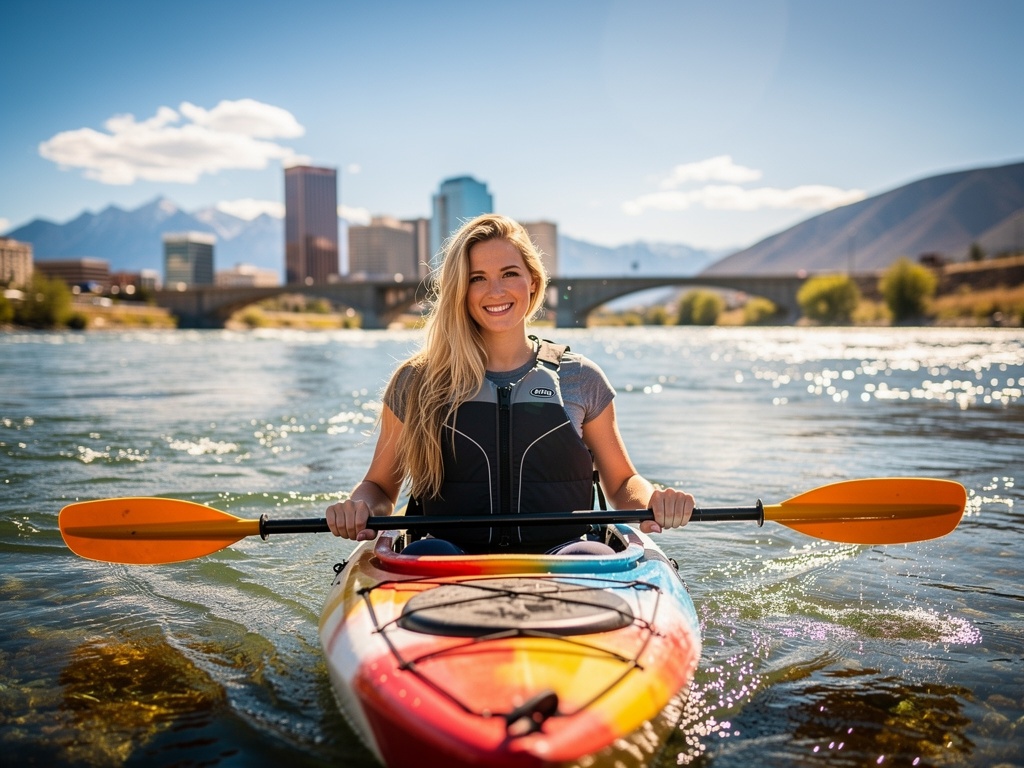 Young woman kayaking on the Truckee River in Reno with city and mountains in the background