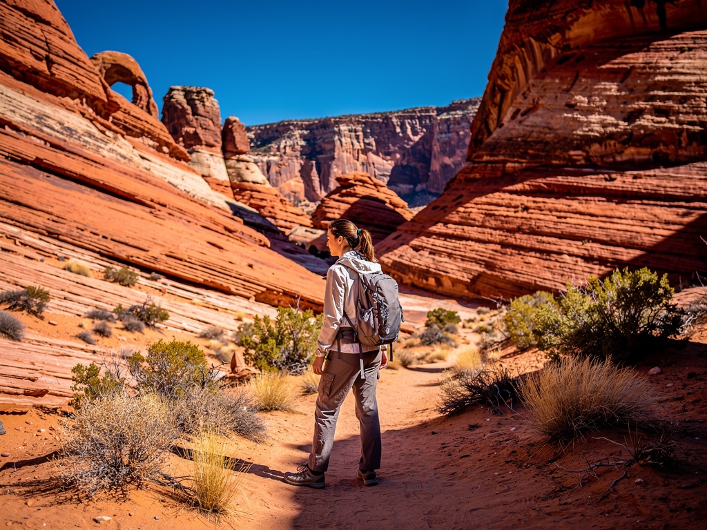 Young woman exploring Valley of Fire State Park in Nevada surrounded by vivid red sandstone